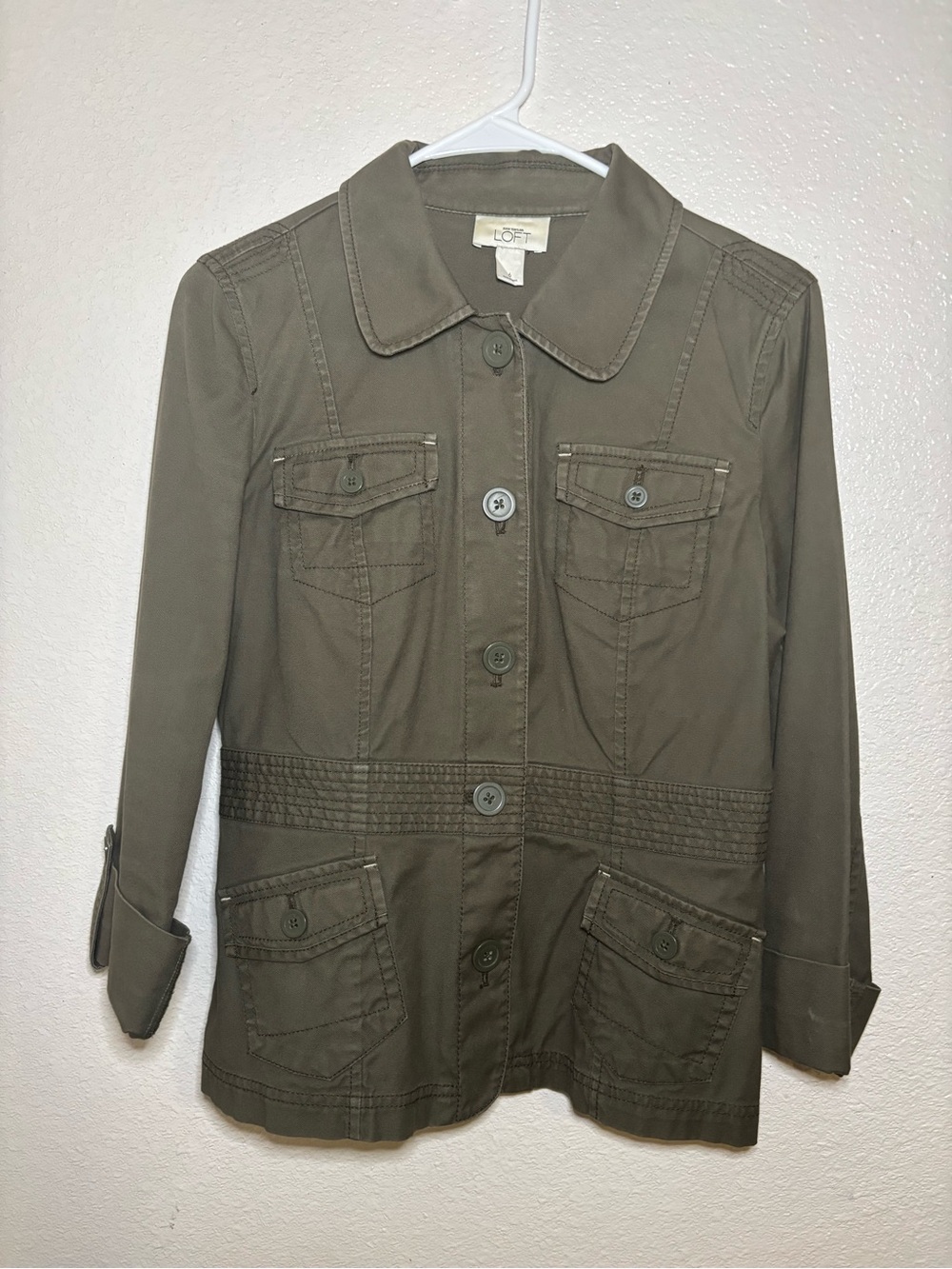 Ann Taylor LOFT Olive Utility Jacket Women's Size 6 Button Front Military Safari - Picture 2 of 5